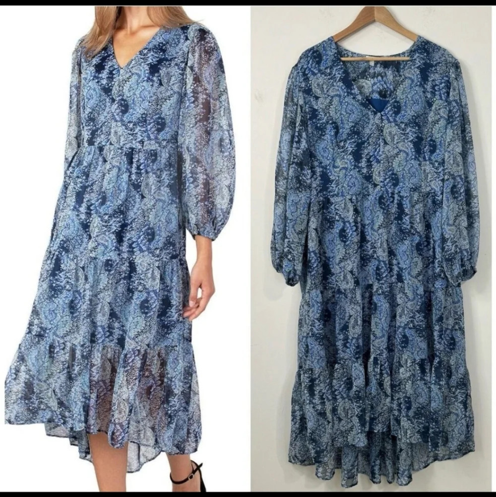 Joie Long Flowy V-neck Pullover Balloon Sleeve Tiered  Lined Dress Size …